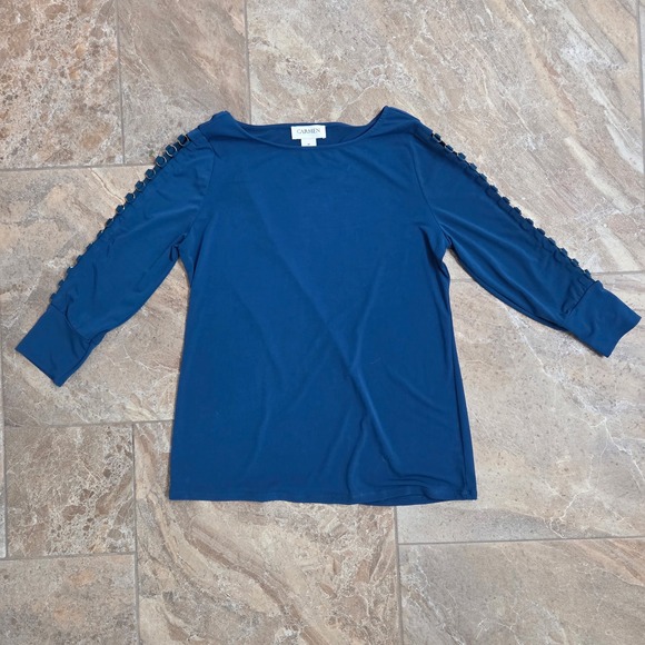 Carmen Ring Sleeve Top Teal Blue Long Sleeve Blouse Casual Chic Size M - Picture 1 of 6